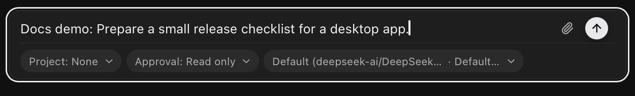 Unsent release-checklist request above Project: None, Approval: Read only, and model settings, with paperclip and send arrow on the right.