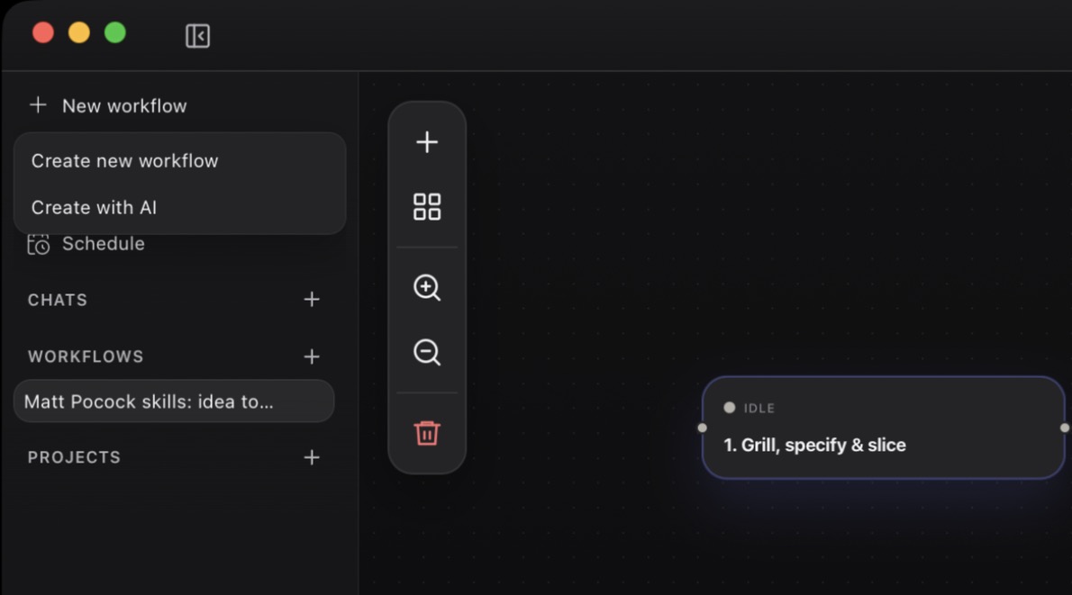 The New workflow menu open at the top of the sidebar, offering Create new workflow and Create with AI.
