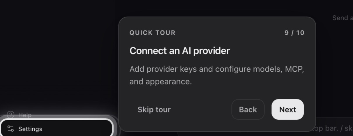 Quick tour step 9 of 10, Connect an AI provider, pointing at Settings in the sidebar.