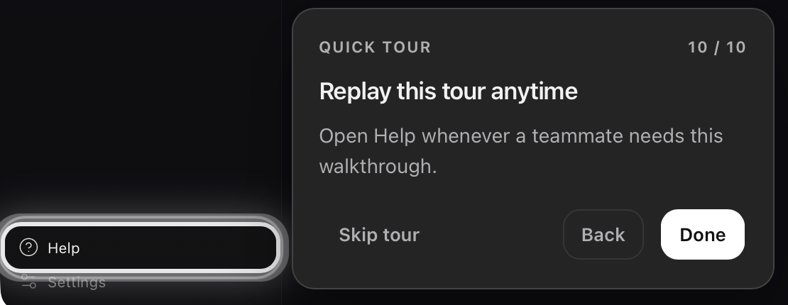 Help highlighted at the bottom of the sidebar beside the final quick-tour card, with Skip tour, Back, and Done buttons.
