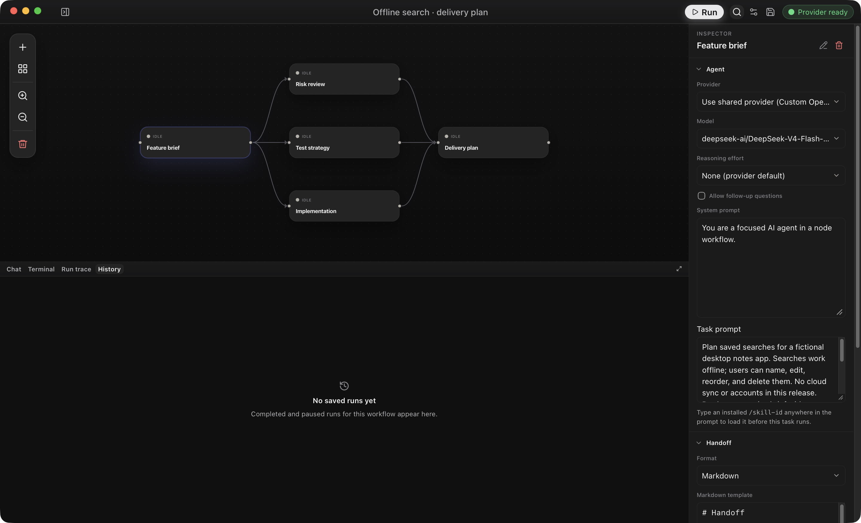 The canvas with a feature brief splitting into risk review, test strategy, and implementation, then joining at a delivery plan, with the Inspector open on the brief agent.