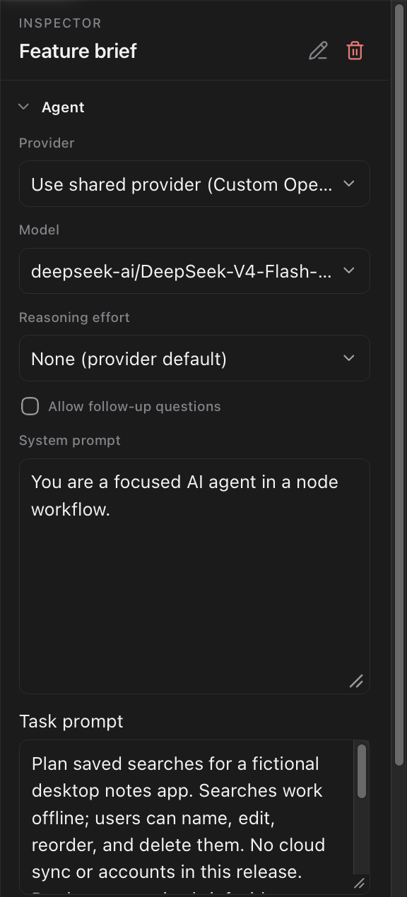 Feature brief Inspector showing Provider, Model, Reasoning effort, Allow follow-up questions, System prompt, and Task prompt.