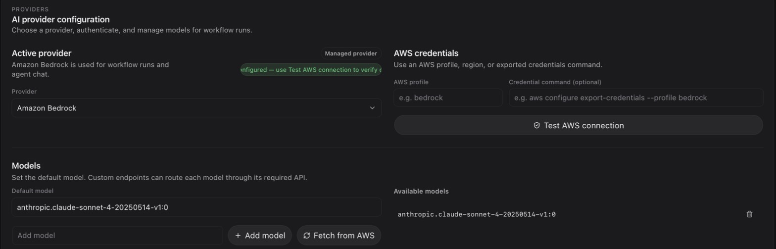 Amazon Bedrock selected, showing AWS profile and Credential command fields, Test AWS connection, and Fetch from AWS.