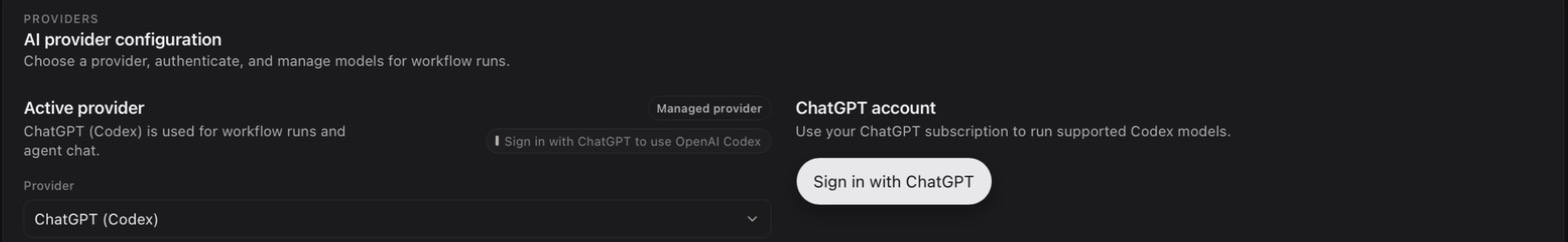 ChatGPT (Codex) selected as the active provider, with the Sign in with ChatGPT button under ChatGPT account.