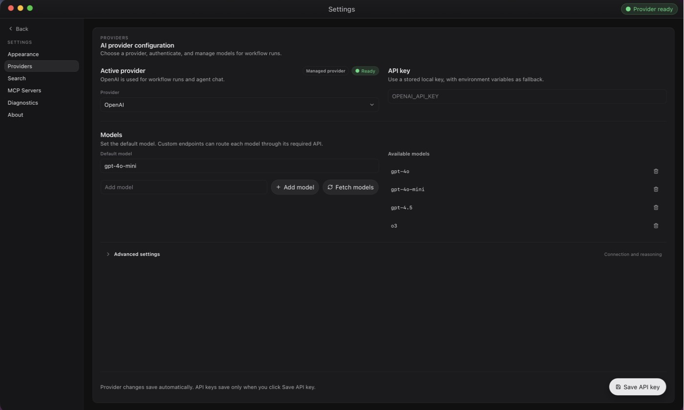 Settings, Providers page with OpenAI active and Ready, an empty API key field, the default model, and available models.