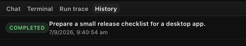 History tab selected above a completed release-checklist run and its timestamp.