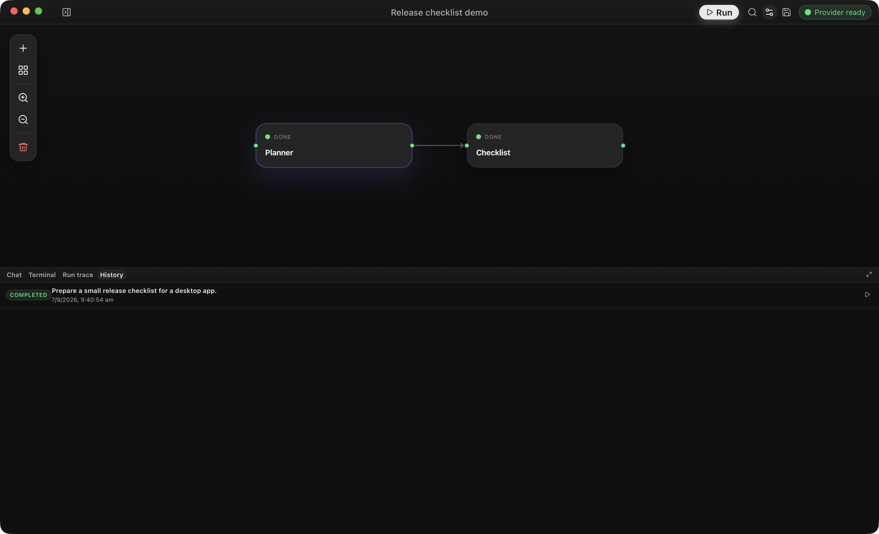 The History tab listing a completed run of the release checklist workflow.