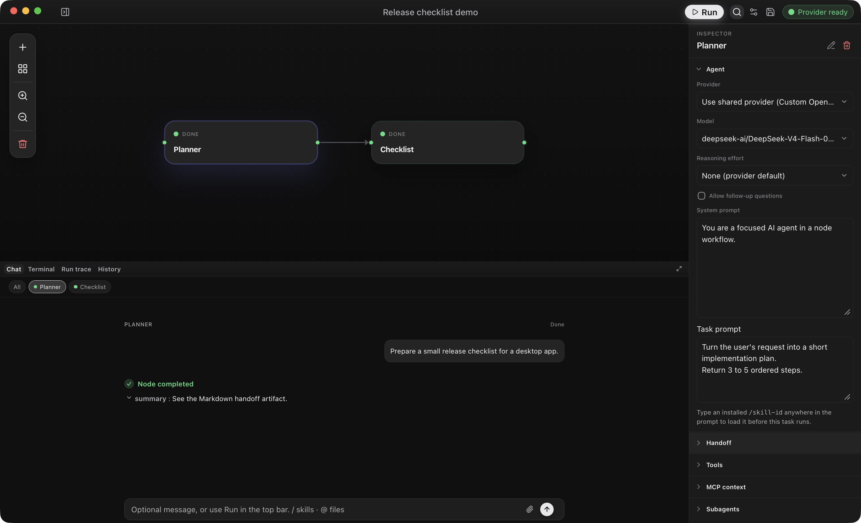 Planner Inspector with the system prompt and task prompt fields visible.