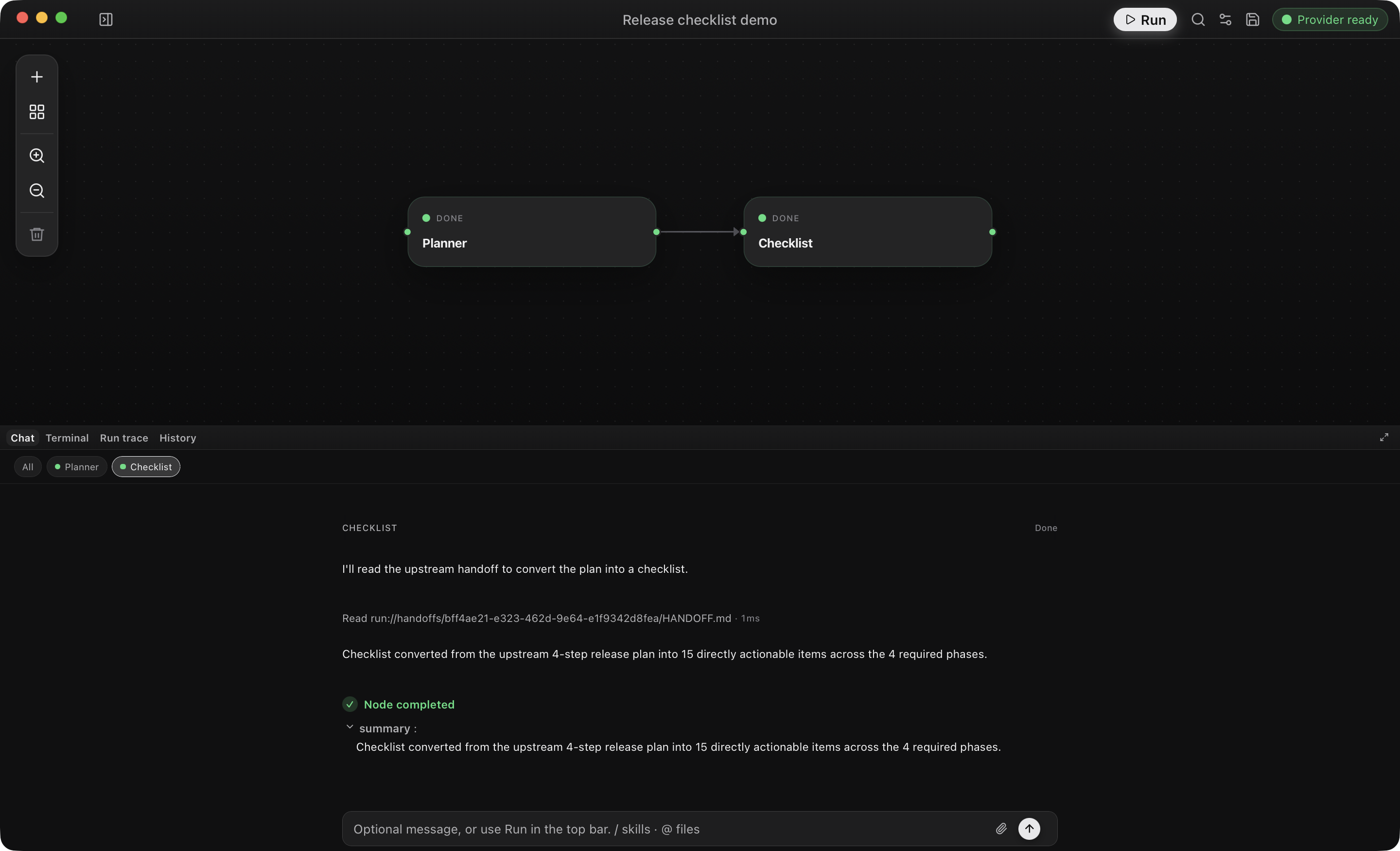 A finished run: the planner and checklist agents are done, and the checklist agent's conversation shows the handoff it read and the result.