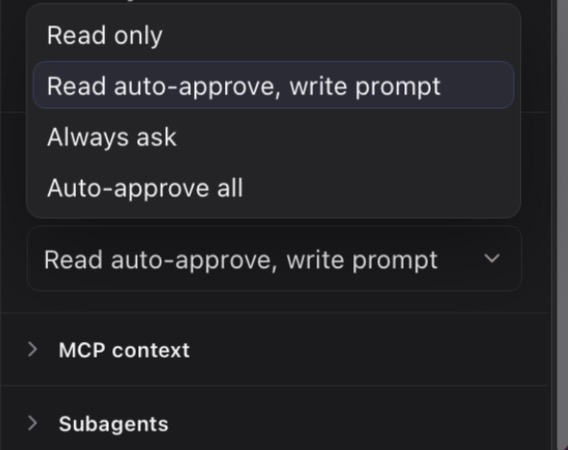 The Approval mode dropdown open in the Inspector, listing Read only, Read auto-approve write prompt, Always ask, and Auto-approve all.