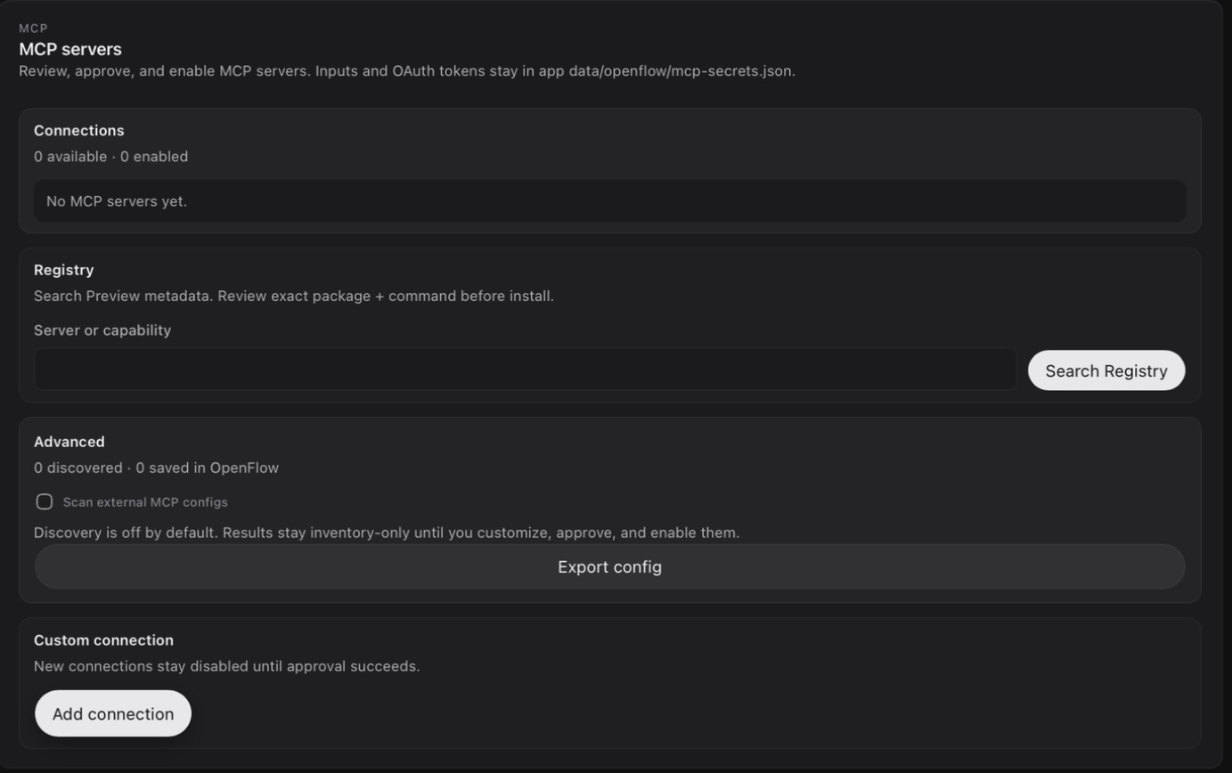 Settings, MCP Servers page with no connections yet, the Registry search, Advanced discovery options, and Add connection.
